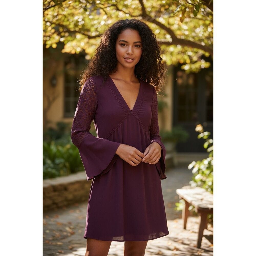 Altar’d State Lace Bell Sleeve V-Neck Burgundy Dress Women’s Small Boho Chic